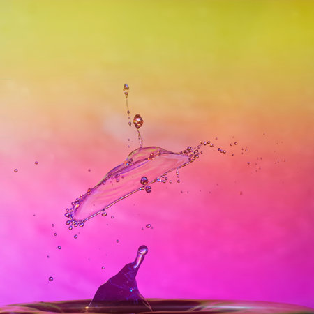 Close-up of splashing droplet against colored backgroundの写真素材