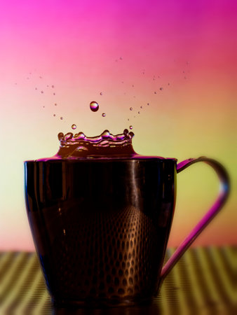 Close-up of water splashing in bottle against colored backgroundの写真素材