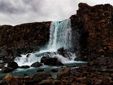 Waterfall in Iceland, Europe. Beautiful summer landscape.