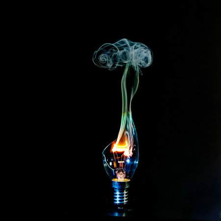 A burning incandescent lamp on a black background with smoke.の写真素材