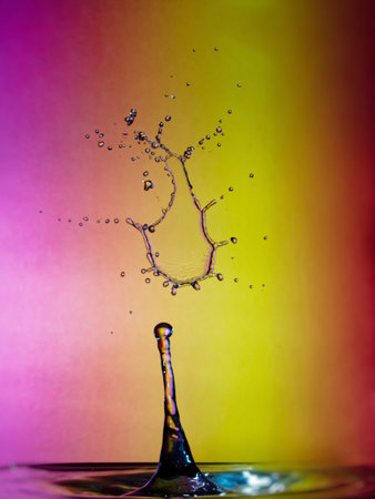 Falling drops of water. Splash effect after collision a falling drops with water surfaceの写真素材