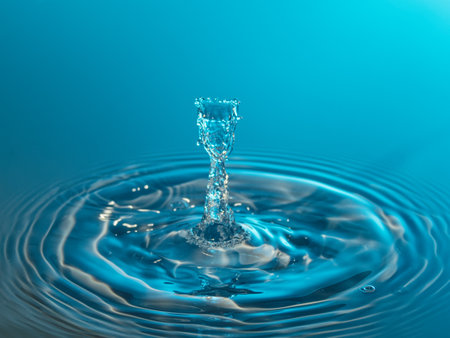 Water drop collision on a blue background. Splash effect after collision a falling drops with water surfaceの写真素材