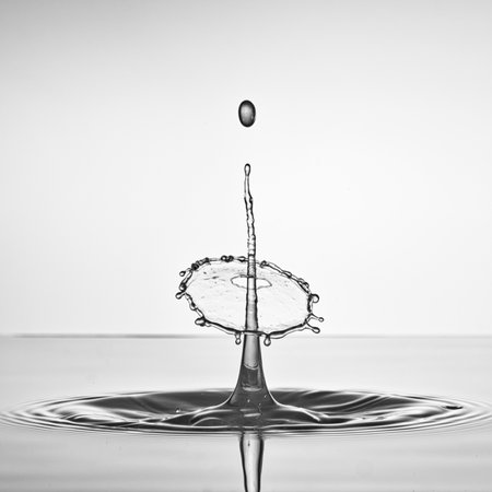 Falling drops of water. Splash effect after collision a falling drops with water surfaceの写真素材