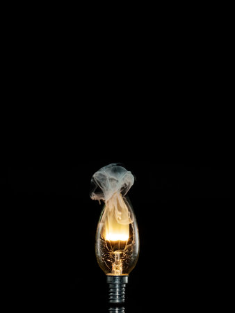 Burning incandescent light bulb on a black background with smokeの写真素材