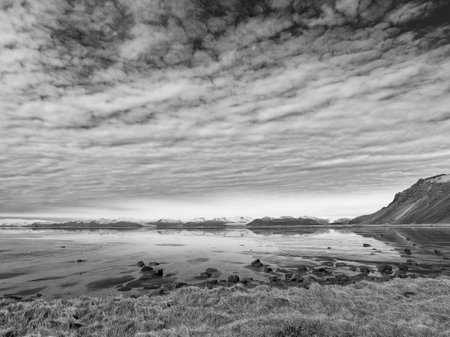 Black and white image of a beautiful landscape in Iceland. Toned.