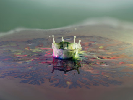 Water drop on the surface after colliding a falling drop with water surfaceの写真素材