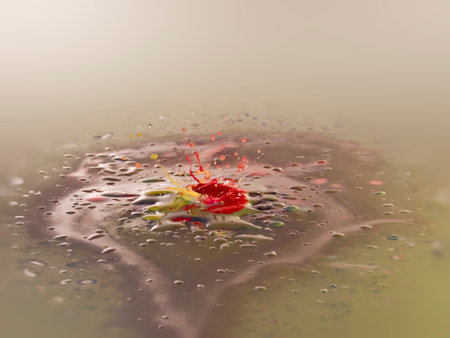 water drops on the surface of a puddle with a red flower