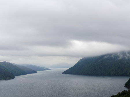 Foggy morning on the fjord in Norway.の写真素材