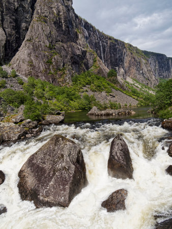 Mountain river with rapids in summer, Norway, Scandinaviaの写真素材