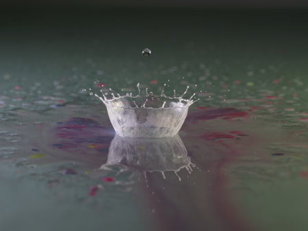 Water drop falling and colliding with another one on the surface.の写真素材