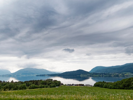 Flord in Norway. The fjord is surrounded by mountains.の写真素材