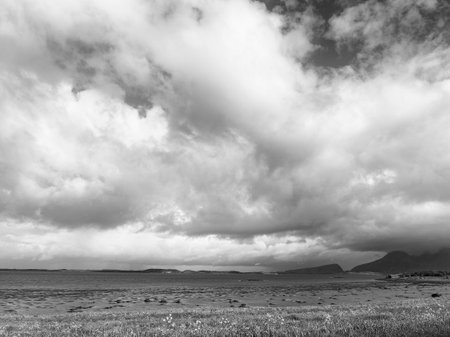 Black and white image of a cloudy sky over the sea