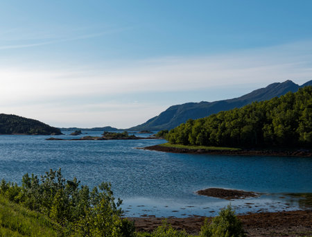 Norwegian fjord landscape with mountains and blue sky in summerの写真素材