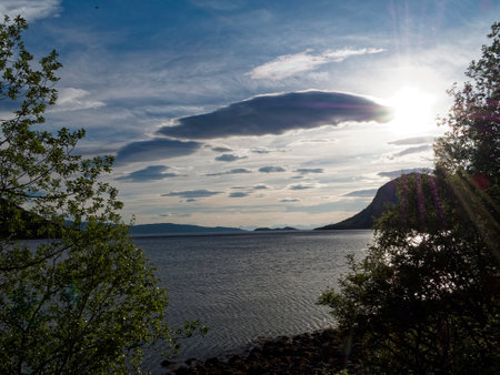 Sunset over the Norwegian fjord in summer, Scandinaviaの写真素材