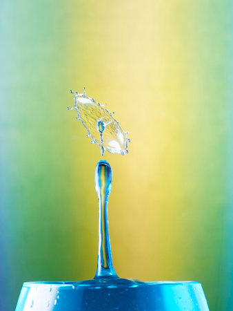 Water drop collision on a colorful background. Splash effect after colliding a falling drop with water surfaceの写真素材