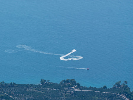 Aerial view of a boat on the Mediterranean Sea, Croatia.の写真素材
