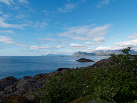 Norwegian landscape with mountains, fjord and sea in summerの写真素材