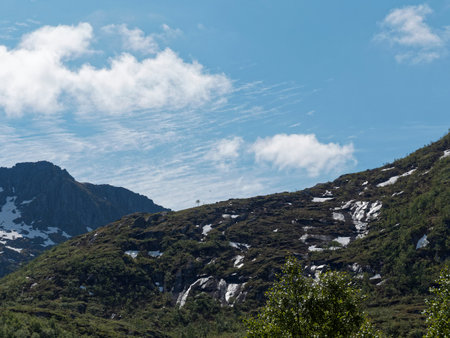 Landscape of mountains under blue sky with white clouds in Norway.の写真素材