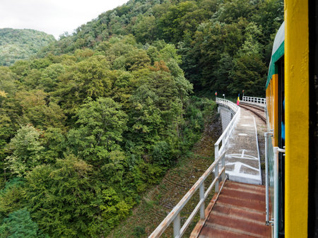 The narrow gauge railway in the mountains of Romania. View from above.の写真素材