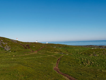 Aerial view of a path leading to a lighthouse in Norway.の写真素材