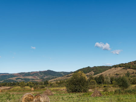 Country landscape with haystacks on the hillside and blue skyの写真素材