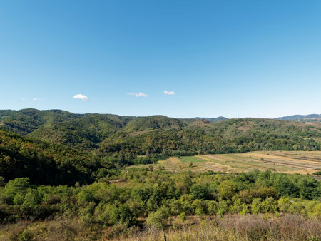 landscape with fields and forests in the mountains in summer under a blue skyの写真素材