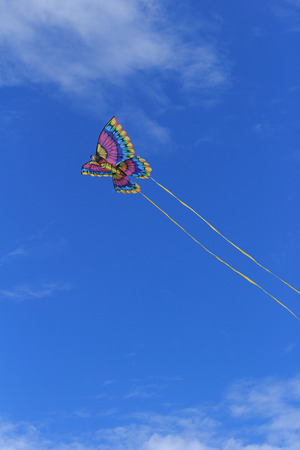 A rainbow colored butterfly kite flies across a blue sky in summerの写真素材