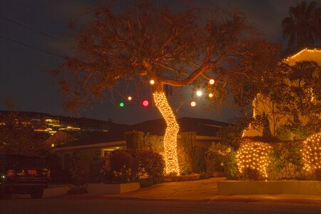 Full moon peaks through a tree with Christmas lights and balls in Laguna Beach, Californiaの写真素材