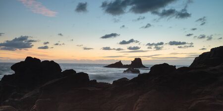 Crescent Bay beach panoramic view of the ocean at sunset in Laguna Beach, California, United States...