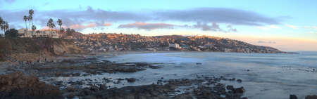 Panoramic sunset view of Main beach in Laguna Beach, Southern California, United Statesの写真素材