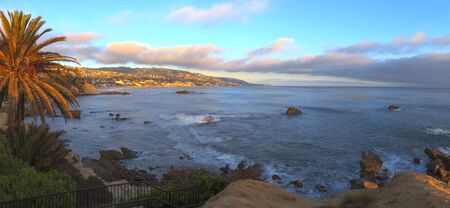 Panoramic sunset view of Main beach in Laguna Beach, Southern California, United Statesの写真素材