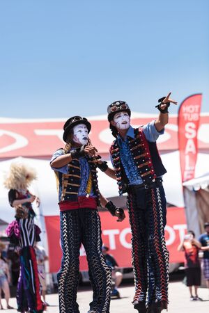 Costa Mesa, CA - July 16, 2016: Close up of the stilts used by Dragon Knights steampunk stilt walkers as they perform at the Orange County Fair in Costa Mesa, CA on July 16, 2016. Editorial use only.のeditorial素材