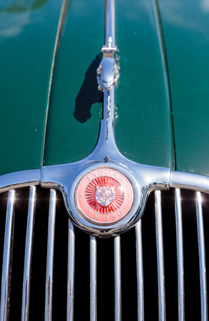 Laguna Beach, CA, USA - October 2, 2016: Green 1958 Jaguar XK 150 owned by Hathaway and displayed at the Rotary Club of Laguna Beach 2016 Classic Car Show. Editorial use.のeditorial素材