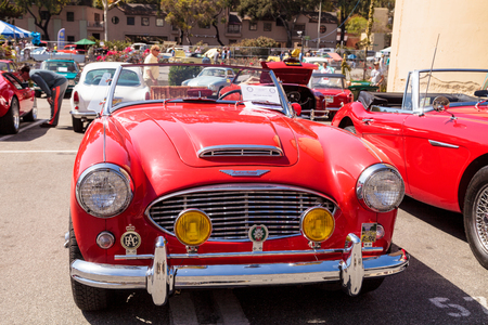 Laguna Beach, CA, USA - October 2, 2016: Red 1961 Austin Healey 3000 owned by Andy Nelson and displayed at the Rotary Club of Laguna Beach 2016 Classic Car Show. Editorial use.のeditorial素材