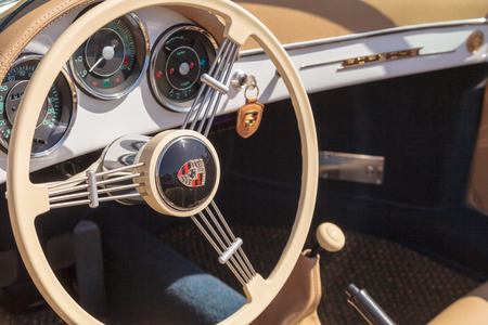 Laguna Beach, CA, USA - October 2, 2016: White Porsche 1600 Super displayed at the Rotary Club of Laguna Beach 2016 Classic Car Show. Editorial use.のeditorial素材