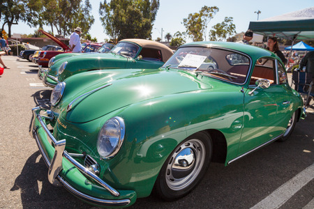 Laguna Beach, CA, USA - October 2, 2016: Green 1958 Porsche 356 owned by Ron Herrin and displayed at the Rotary Club of Laguna Beach 2016 Classic Car Show. Editorial use.のeditorial素材