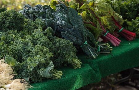 Bushels of organic kale grown on a farm and displayed at a farmers marketの写真素材