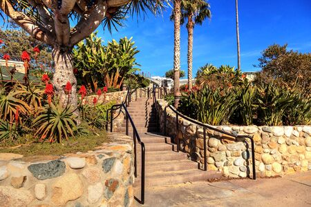 Heisler Park walkway overlooking the coastline cliffs of Laguna Beach, California in winter.の写真素材