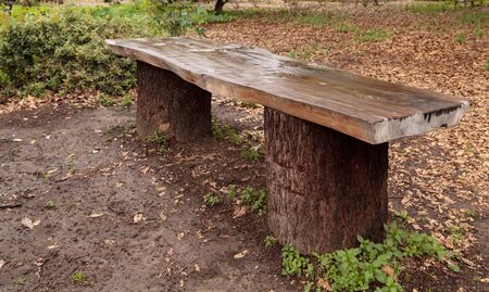 Rustic wood slab picnic table on two stumps in the middle of a farm field