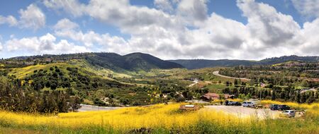 Aliso Viejo Wilderness Park view with yellow wild flowers and green rolling hills from the top hill in Aliso Viejo, California, United Statesの写真素材