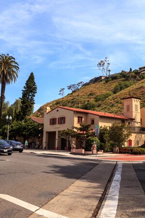 Laguna Beach, California, April 22, 2017: Laguna Beach fire station one next to town hall, with the hillside homes behind it in the center of town. Editorial use only.のeditorial素材