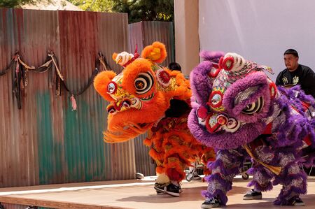 San Diego, CA, USA - July 1, 2017: Chinese lion dance demonstration performed at the San Diego Zoo Safari park. Editorial only.のeditorial素材