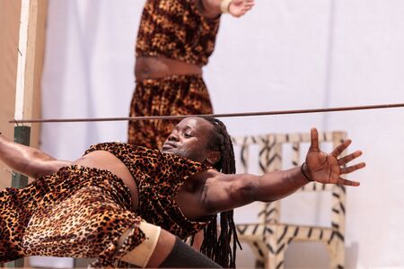 San Diego, CA, USA â July 1, 2017: Acrobatic performance of the Zuzu African acrobats at the San Diego Zoo Safari park. Editorial only.のeditorial素材