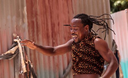 San Diego, CA, USA â July 1, 2017: Acrobatic performance of the Zuzu African acrobats at the San Diego Zoo Safari park. Editorial only.のeditorial素材