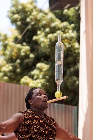 San Diego, CA, USA â July 1, 2017: Acrobatic performance of the Zuzu African acrobats at the San Diego Zoo Safari park. Editorial only.のeditorial素材