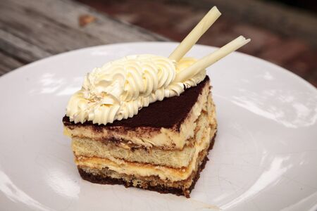 Creamy Italian tiramisu with a coffee flavored custard and ladyfingers layered with whipped eggs and mascarpone cheese infused with cocoa.の写真素材