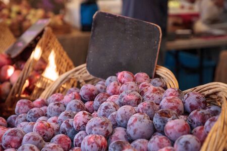 Red purple pluots also called plumbs in a basket sold at a farmers market and grown locally in Southern California.の写真素材