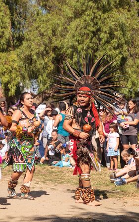 San Diego, CA, USA â November 28, 2017: Aztec dancers celebrate Dia de los Muertos Day of the Dead in Mission Valley and Old Town in San Diego, Californiaのeditorial素材