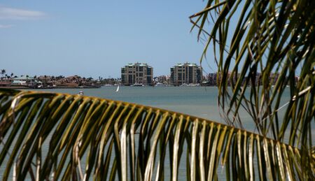 View through palm tree of Marco Island, Florida from Collier Boulevard 951 with the bay ocean view.の写真素材