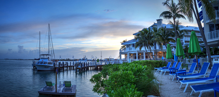 Key West, Florida, USA - September 1, 2018: Ocean view from bench on the dock at the Hyatt Centric Key West Resort and Spa in Key West, Florida. For editorial use.のeditorial素材